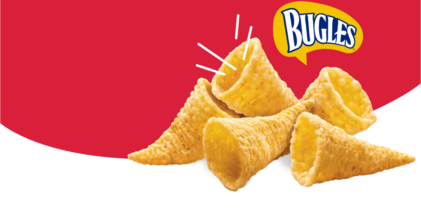 Bugles cone shaped chips in front of Bugles logo on a red background