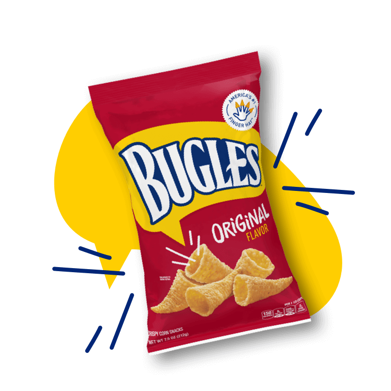 Bugles in Original flavor, front of pack, with a yellow graphic behind the product