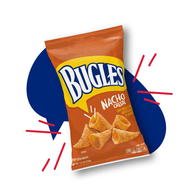 Bugles Nacho Cheese flavor front of pack with a blue graphic behind the product