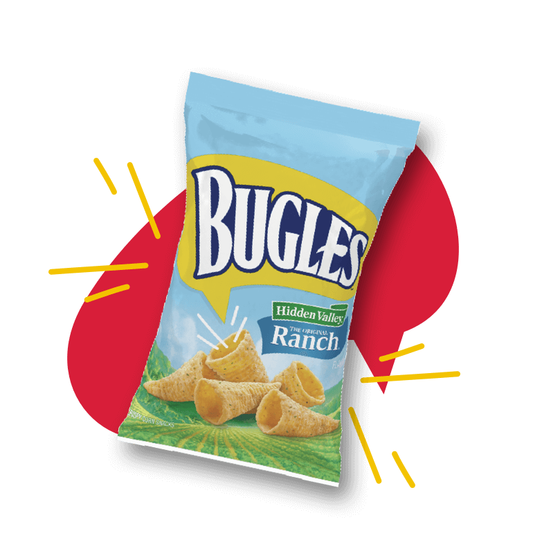 Bugles in Hidden Valley Ranch flavor, front of pack, with a red graphic behind the product