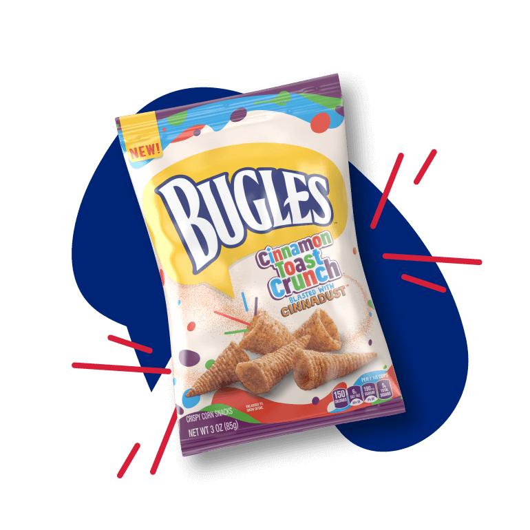 Bugles in Cinnamon Toast Crunch flavor, front of pack with a blue graphic behind the product