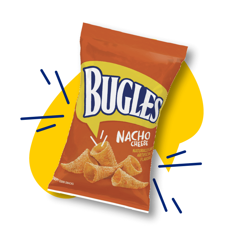 Bugles in Nacho Cheese flavor, front of pack with a yellow and blue graphic behind the product